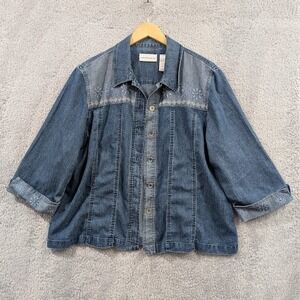 Alfred Dunner Denim Shacket Women's 18 Blue Embroidered 3/4 Sleeve Button Up